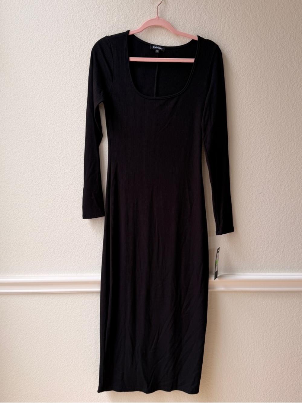 Bebe‎ Black Ribbed Maxi Dress NWT Square Neck Long Sleeve Bodycon Minimalist M